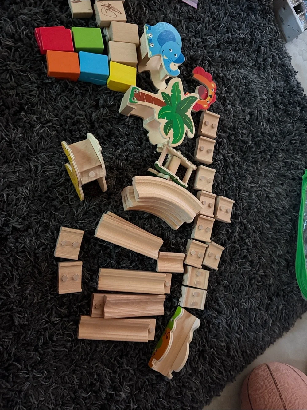 Wooden Train Track and Animal Block Playset - Natural Wood & Multicolor